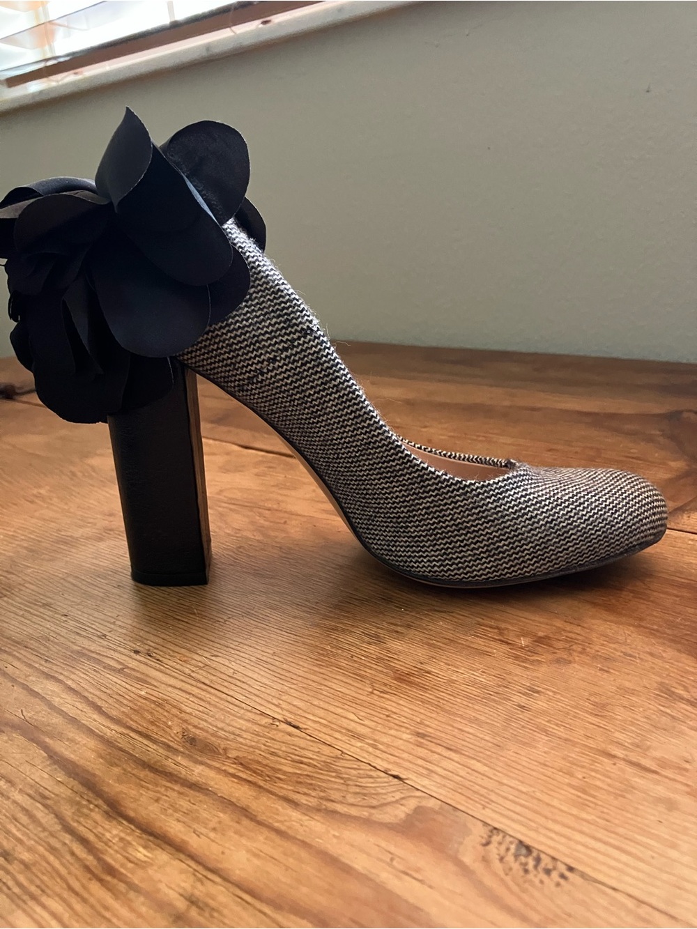 Black & White Tweed Block Heel Pumps with Floral Heel Accent